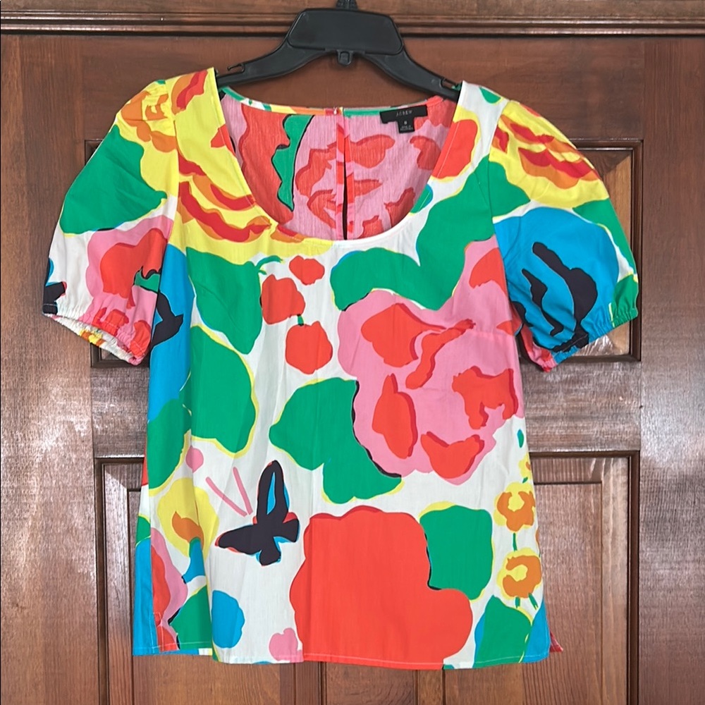 J. Crew Pink and Green Boxy Short Sleeve Blouse